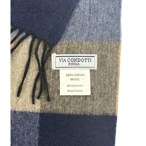 Via Condotti Roma 100% Virgin Wool Plaid Fringe Scarf Navy Blue Taupe Italy - Picture 2 of 8